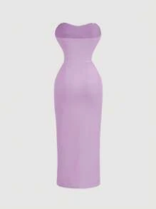 SHEIN MOD Women Ruffle Floral Print Lilac Strapless Bodycon Dress,Lilac Dress,Santa Dress, Party Women Dress,New Year Eve Dress - Lilac Purple - View 2