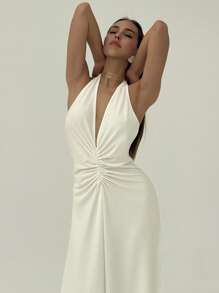 Aloruh Elegant Sexy Halter Neck Deep V Backless Ruched A-Line Wedding Guest Dress - White - View 2