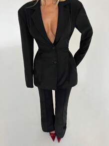 SHEIN PETITE Long Sleeve Side Tie Adjustable Suit Jacket In Fall/Winter - Black - View 8
