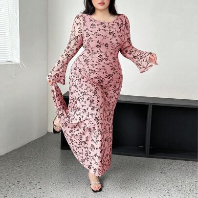 플러스 사이즈 꽃무늬 플레어 소매 드레스, 장미, 하트, 폴카 닷, 사랑, 입술, 큐피드, 3D 꽃 맥시 여성 의상으로 구성된 로맨틱한 발렌타인 데이 아이템
