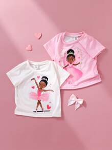 Baby Girls 2pcs Set Casual Cute Daily Princess Ballerina Girl Tee Shirt Tops, Spring/Summer - Multicolor - View 1