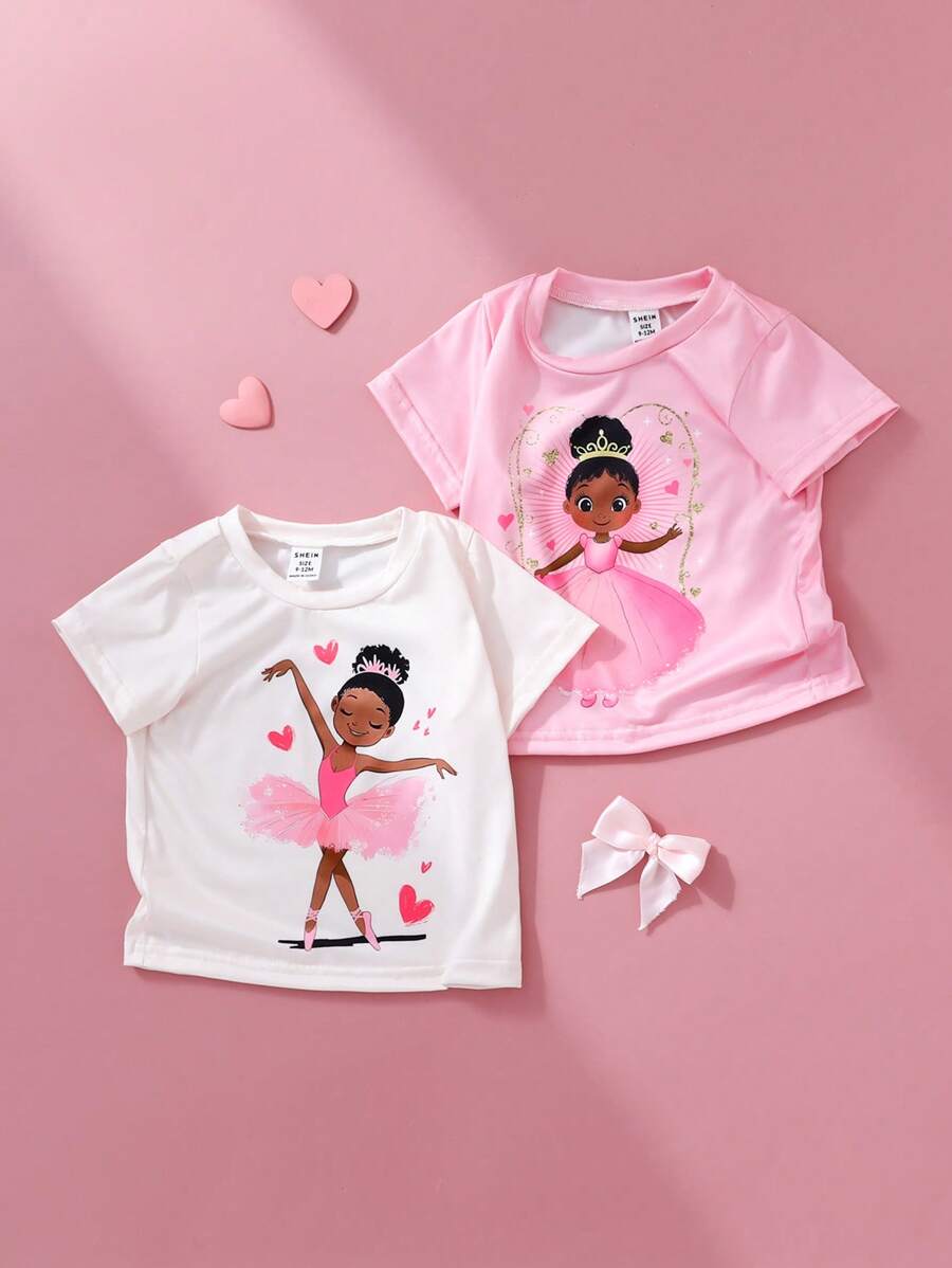 Baby Girls 2pcs Set Casual Cute Daily Princess Ballerina Girl Tee Shirt Tops, Spring/Summer - Multicolor - View 1