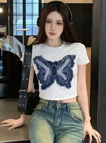 DAZY 女式圆领短袖透视T恤、短款上衣 - 白色 - 查看 10