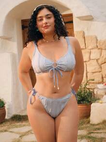 Swim Mod Plus Size Women 2pcs Sweet Lace-Up Blue Beach Resort Swimwear Set For Summer Beach Vacation - Blue - View 3