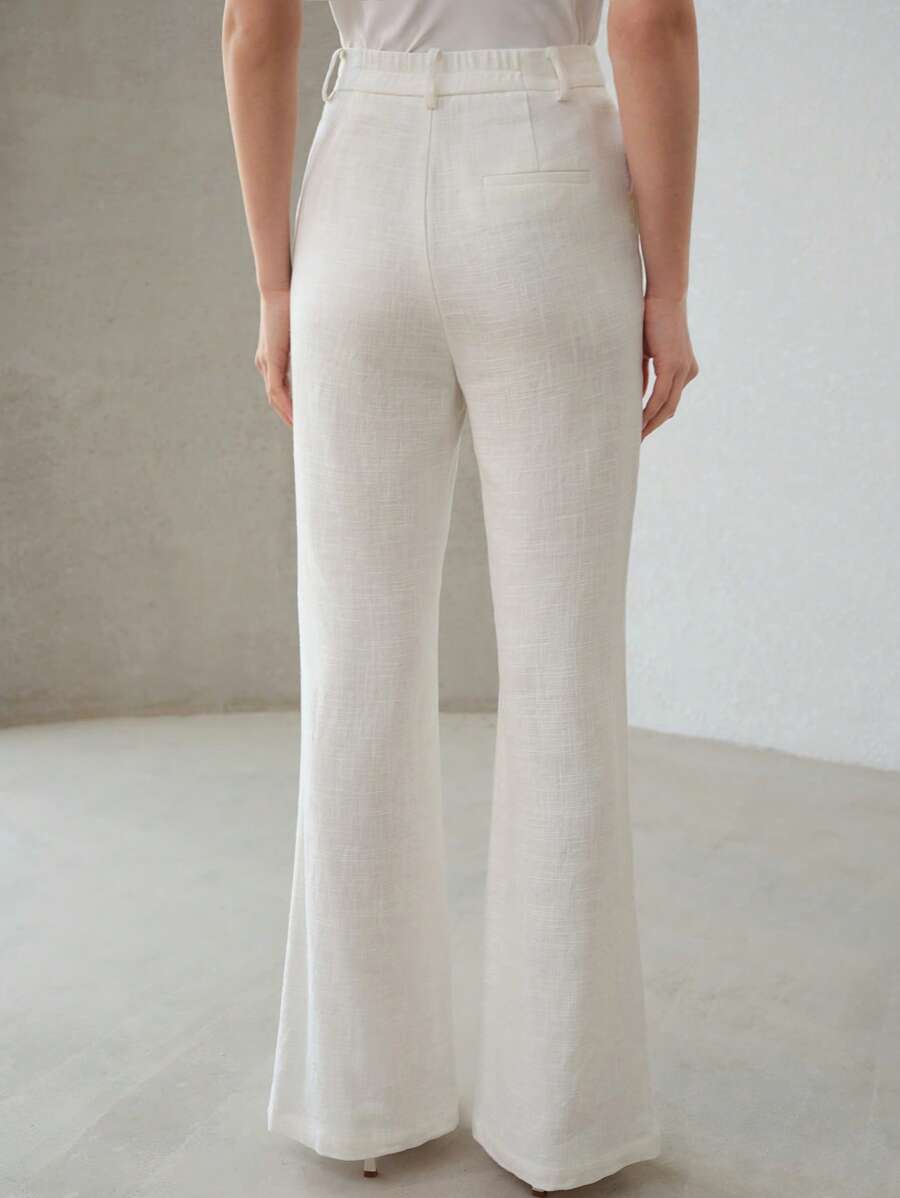 MOTF PREMIUM LINEN FLORAL EMBROIDERED FLARED SUIT PANTS - White - View 2