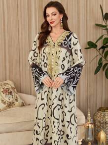 Al Najma 女式印花拼布长袖简约休闲长款阿拉伯连衣裙，阿拉伯连衣裙，端庄 - 彩色 - 查看 7