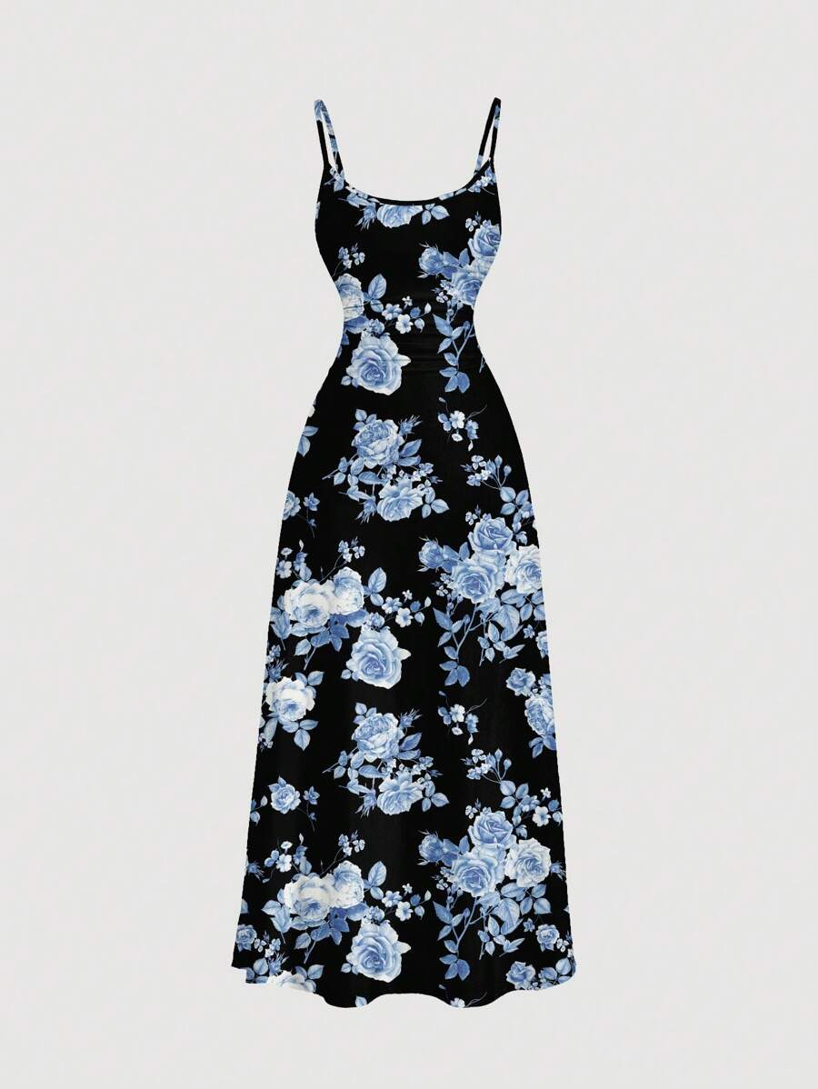 SHEIN MOD Váy suông hở eo họa tiết hoa in toàn bộ tối giản giản dị, phù hợp cho mùa hè - Nhiều màu - Xem 1