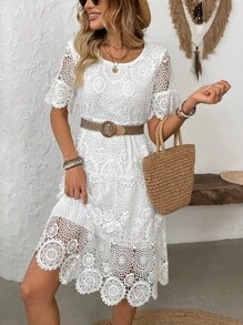 Breezaya Váy hở vai ren cắt xẻ giữa bắp chân cho kỳ nghỉ giản dị dành cho nữ - trắng - Xem 4