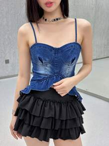SHEIN EZwear 女士休闲牛仔吊带背心，夏季女士，短款长度，毕业，狂欢，狂欢上衣，韩流街头服饰，外出，老款风格女士，露背上衣，上衣，女士可爱上衣，春假，约会之夜女士，可爱夏季上衣 - 深色水洗藍 - 查看 4