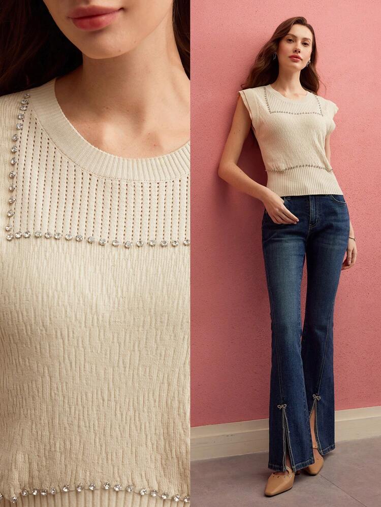 RHINESTONE DETAIL CAP SLEEVE KNIT TOP KNIT PULLOVER FALL WINTER