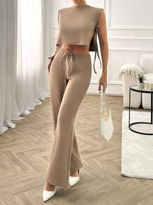 RueChic SIDE TIE UP BOW CROP BLOUSE & ELASTICAL WAIST DRAWSTRING PANT - Beige - View 1