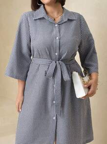 SHEIN Clasi Curve Plus Size Women's Blue And White Check Business Elegant Bow Waist Button Stand Collar 3/4 Sleeve Dress,Dresses For Women Elegant,Old Money Style Women,Modest Dresses For Women,Summer Outfits For Women,Summer Dresses For Women,Vacation Outfits Woman,Vacation Outfits Women,Summer Clothes,Business Casual Woman,Going Out Outfits, - Blue and White - View 7