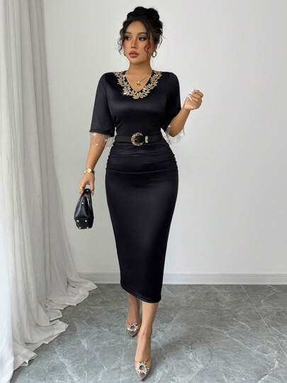 Rafferiza Women's Elegant V-Neck Short Sleeve Fitted Mid-Length Dress, Lace, Tassel Cuffs, Duchesse Satin, Party, Luxurious, Casual, Arabic