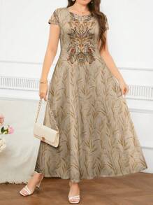 Al Najma Casual Minimalist Vintage Pattern Loose Fit Round Neck Plus Size Dress, Suitable For Summer - Multicolor - View 2