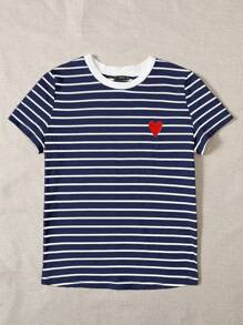 SHEIN EZwear 大码夏季休闲简约条纹心形刺绣短袖 T 恤 - 藏蓝色 - 查看 5