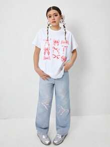 Set de 2 piezas: Camiseta holgada con lazo estampado y jeans de pata ancha bordados para niñas preadolescentes, ropa diaria cómoda y de moda - Blanco - Ver 3