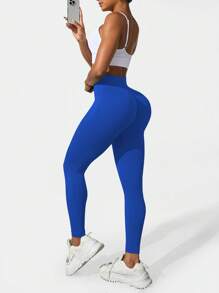 SHEIN Core Rhythm 女士纯色高腰休闲健身紧身裤瑜伽裤 - 寶藍色 - 查看 2