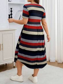 SHEIN LUNE SHEINLUNE Plus Size Women Striped Short Sleeve Knit Casual Dress, Vacation Outfits Woman,Modest Dresses For Women,Airport Outfit For Women,Boho Dress Women,Spring Dress,Resort Wear Women,Club Dress,Tropical Dress,Spring - Red - View 2