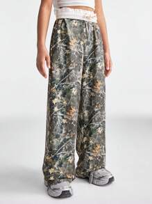 SHEIN Tween Girls Spring/Summer Back To School Basic Knit Camo Stretchy Comfortable Army Green Wide Leg Sweatpants - Green - View 4