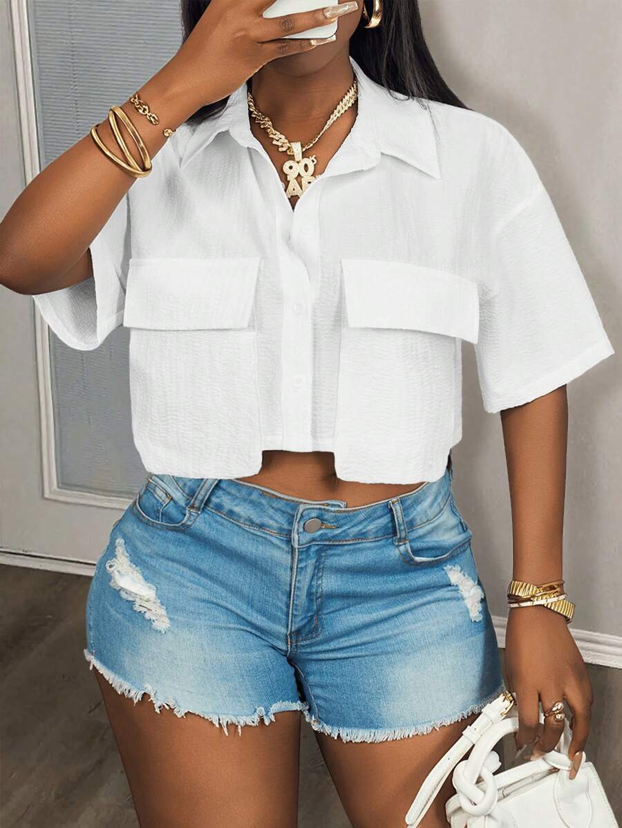 Slaydiva 2025 New Ladies Casual Stree Pocket Short Sleeve Shirt Collar Loose Crop White Drop Shoulder Shirt Women Blouses,Spring/Summer,Casual Daily Wear,Music Festival - White - View 1