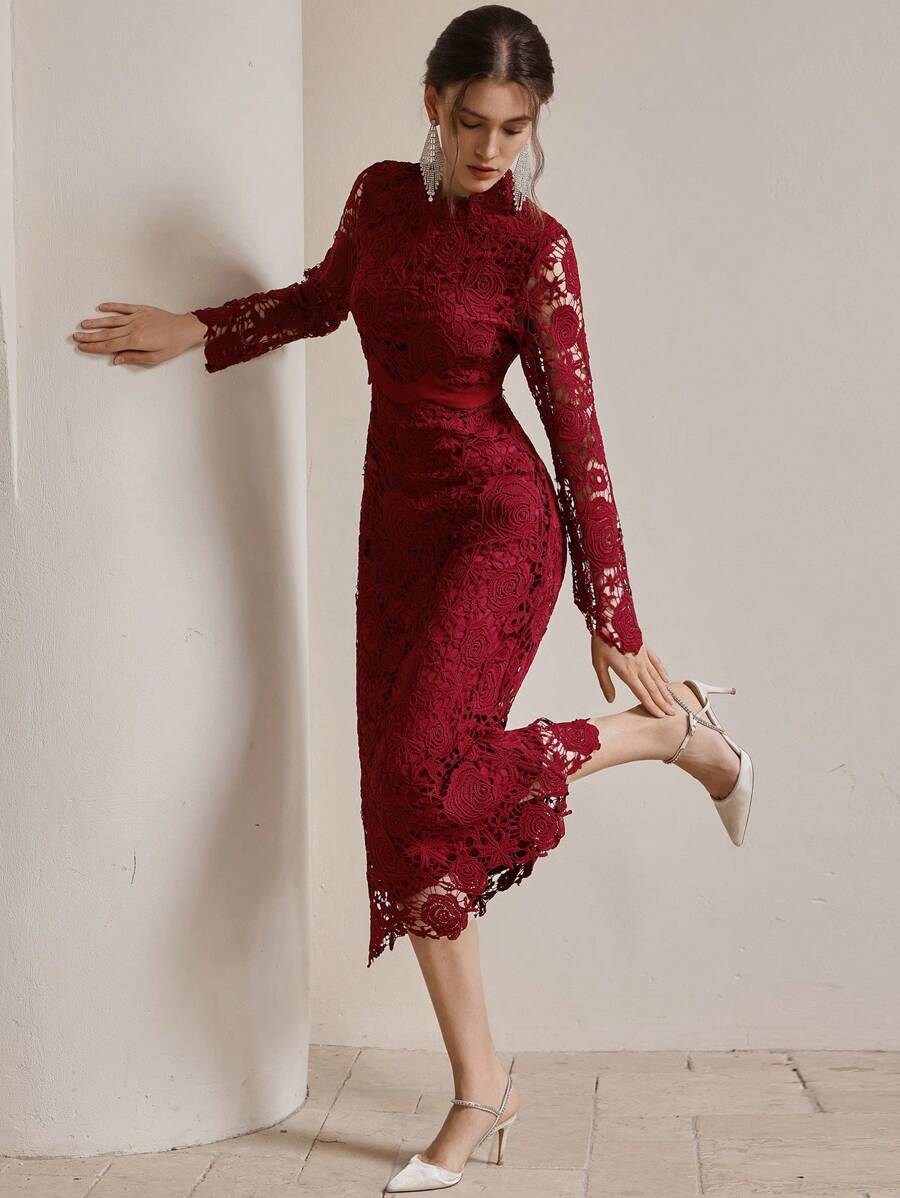Anewsta 优雅法式玫瑰缎拼接蕾丝奢华女式连衣裙 - 酒紅色 - 查看 1