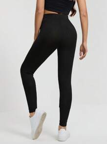 SHEIN Tall Solid Color Casual Sports Knitted Tight-Fitting High-Elastic Wide Ribbed Textured Leggings For Women - Black - View 2