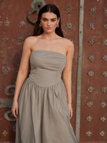 Maija Plus Women Summer Holiday Tube Top Dress - Khaki - View 4