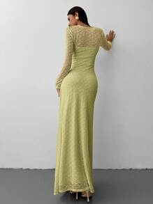 Aloruh 全新优雅方领提花针织女式连衣裙 - 綠色 - 查看 2