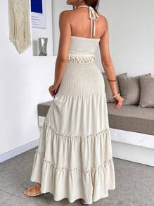 SHEIN 2pcs Maternity Set: Shirred Backless Tassel Trim Casual Top & High Waist Skirt