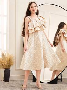 SHEIN Leap Crew Teen Girl Elegant Layered Ruffle Asymmetric Neck Mid-Length Dress - Apricot - View 6