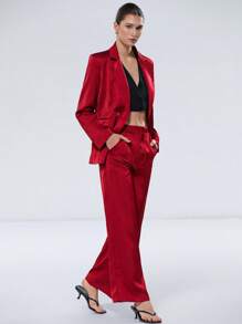 Aveloria Modichic Women's Solid Color Notched Collar Long Sleeve Jacket And Pants Suit Set Fall Cloth For Women - Red - View 2