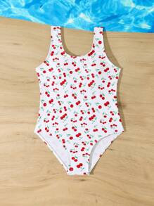 SHEIN Tween Girl' One-Piece Swimsuit, Random Fruit Print - Red and White - View 3