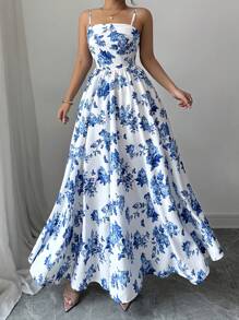 SHEIN Raffinéa Spring/Summer Sleeveless Butterfly Printed Dress, Suitable For Outdoor Activities, Parties, Graduations, Dances And Festivals - Blue and White - View 4