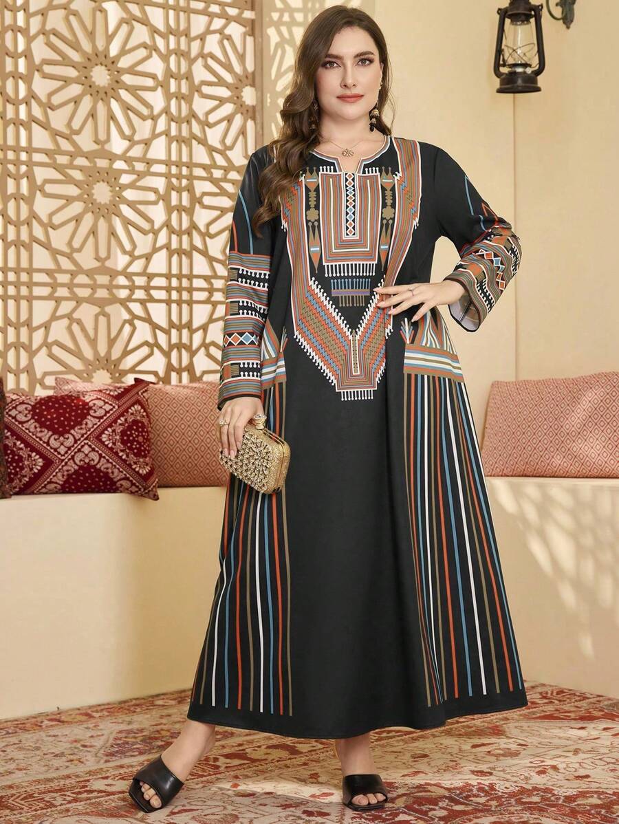 Al Najma 女士休闲大码阿拉伯定位印花长袖圆领连衣裙