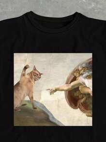 Glimmora Women's Creative Adam Painting Internet Meme Graphic Printed Round Neck T-Shirt - Black - View 3