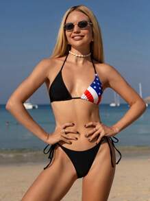 SHEIN Swim 3pcs USA Flag Print Bikini Set, For Summer Beach Vacation, 4th Of July - Black - View 7