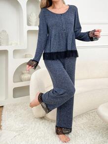 Set de pijama de 2 piezas para mujer con cuello redondo y patchwork de encaje