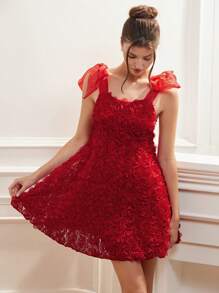 Aveloria 情人节浪漫时尚重磅刺绣花卉拼布欧根纱束腰无袖迷你 A 字连衣裙，适合夏季春秋季优雅时尚风格