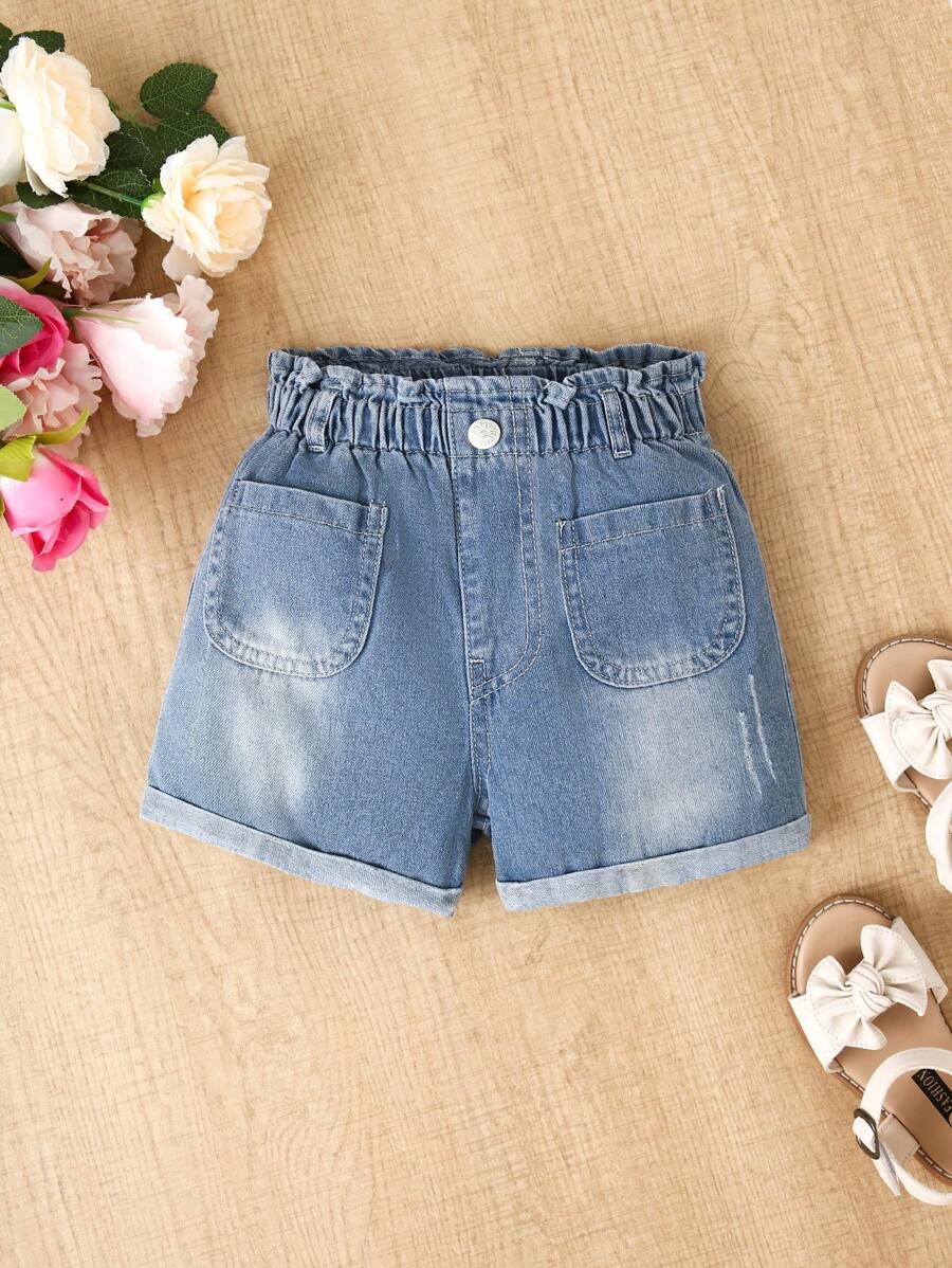 Young Girl Casual Washed Blue Loose Drawstring Waist Denim Shorts With Frayed Hem, Versatile And For Everyday Wear - Medium Wash - View 1