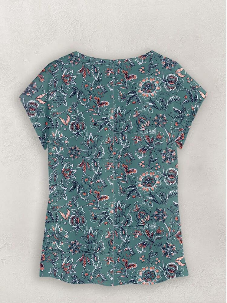 Casual Minimalist Summer Landscape Pattern Women Round Neck Shirt, Suitable For Summer Suitable For Going Out Chic Blouses For Women,Casual