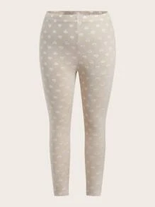 SHEIN EZwear Plus Size Heart Pattern Mesh Thermal Lined Leggings, Autumn/Winter - White - View 1