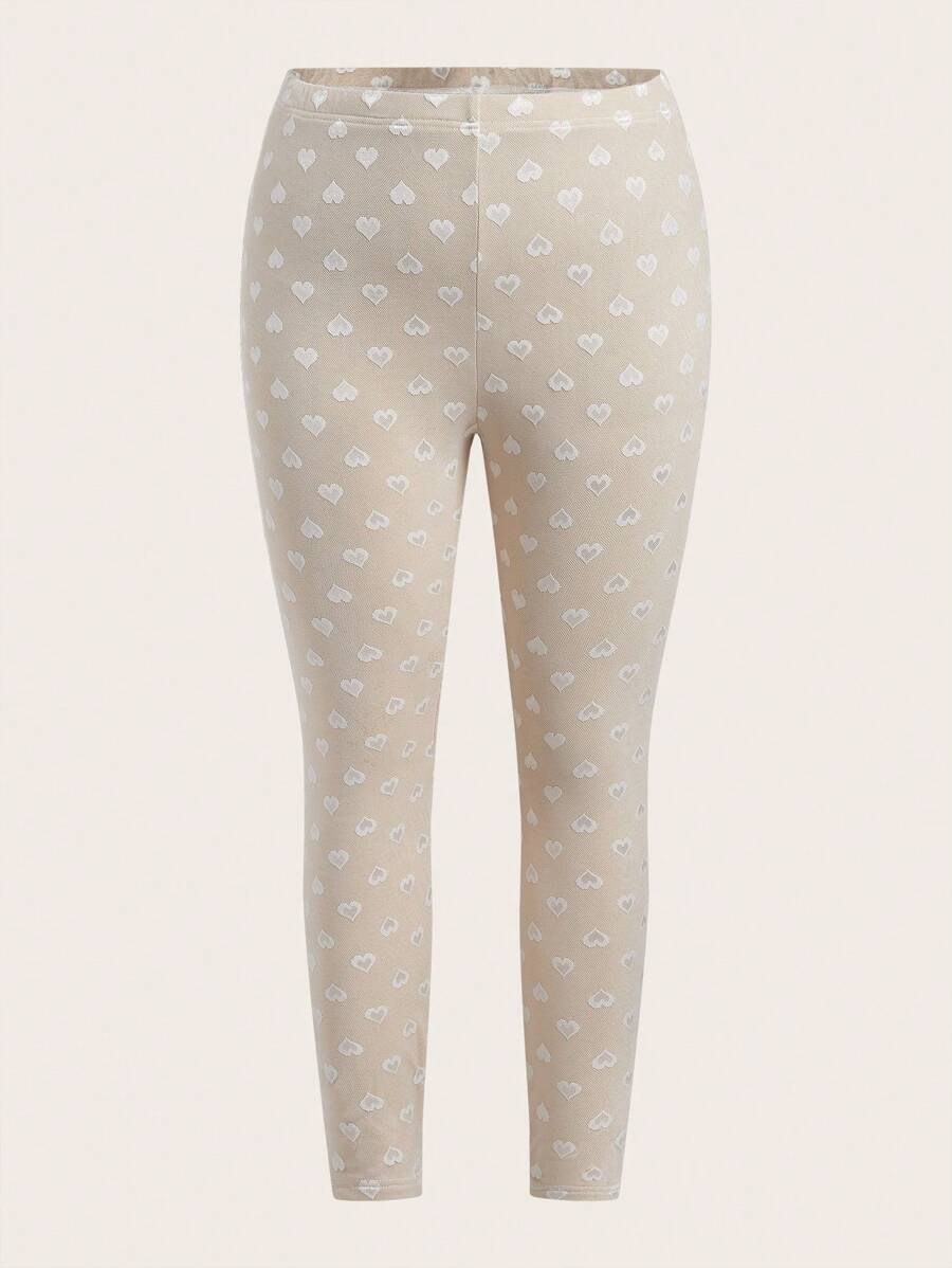 SHEIN EZwear Plus Size Heart Pattern Mesh Thermal Lined Leggings, Autumn/Winter - White - View 1