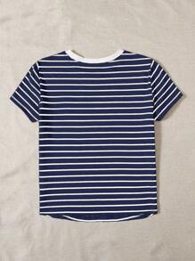 SHEIN EZwear 大码夏季休闲简约条纹心形刺绣短袖 T 恤 - 藏蓝色 - 查看 2