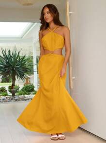 SHEIN VCAY 女士无袖露背纯色连衣裙，简约时尚，适合夏季 - 黃色 - 查看 4