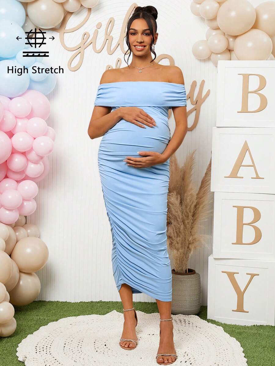 Loomaby 孕妇露肩褶皱休闲长裙