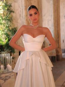 Glamrae Elegant And Gorgeous White Luxurious Satin Lotus Leaf Decoration V-Tie Chest Cup High Waist Slimming Super Large Skirt Suitable For Wedding Festival Bride Formal Occasion Wedding Dress - White - View 3