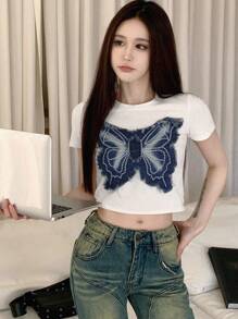 DAZY 女式圆领短袖透视T恤、短款上衣 - 白色 - 查看 6