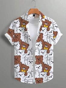 Manfinity Hypemode Chemise décontractée à manches courtes, col simple, imprimé ours de dessin animé pour homme