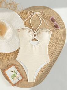 Swim Mod New Textured Wave Print Shell Rope Tie Halter One-Piece Swimsuit For Women, Beach Summer Outfits - Beige - View 1