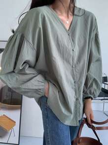 DAZY Solid Drop Shoulder Button Through Shirt,Fall Clothes Preppy Tops Long Sleeve Top - Green - View 5